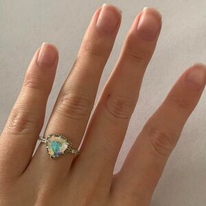 925 Sterling Silver Rainbow Shifting CZ Faux Diamond Halo Engagement Ring w Pave